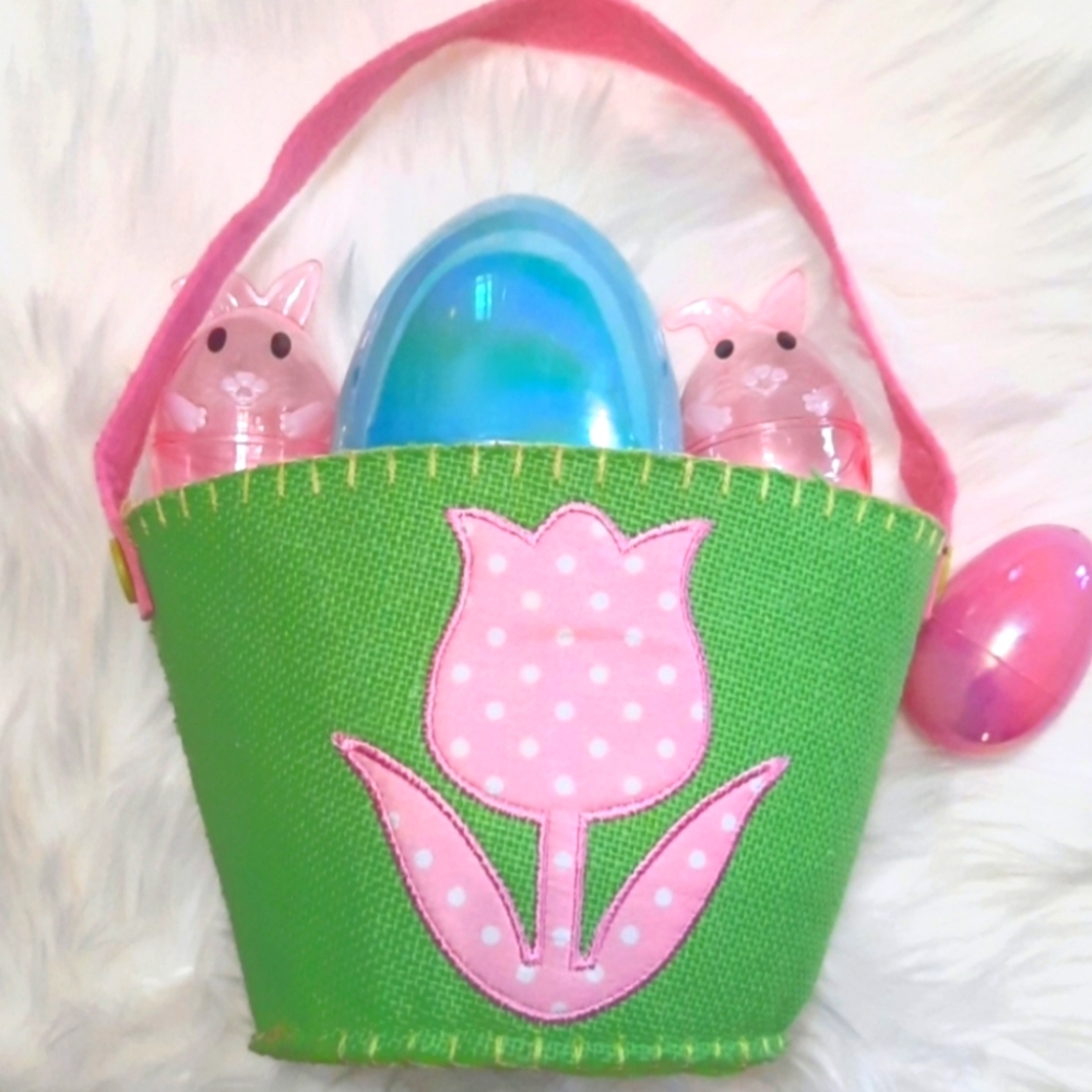 Lime Easter Basket with Pink Flower Apilque-Burlap Canvas Material
